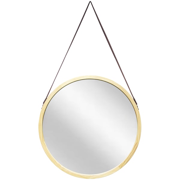 Infinity Instruments Pinewood Wall Mirror - 18" Round Wall Mirror, Light Wood Frame, Leather Strap for Hanging 20029NT - main
